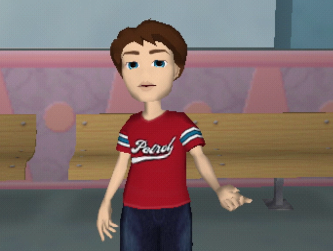 Koby has short brown hair, blue eyes and pale white skin. He wears jeans and a red tshirt with blue and white stripes on the sleeves. The text on the front of the shirt says 'Patrol' I think, but I'm not sure.